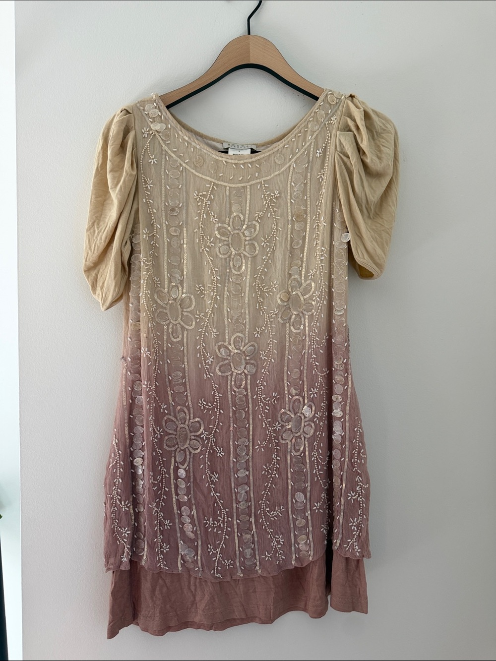 Embroidered Ombre Puff-Sleeve Dress in Beige to Mauve